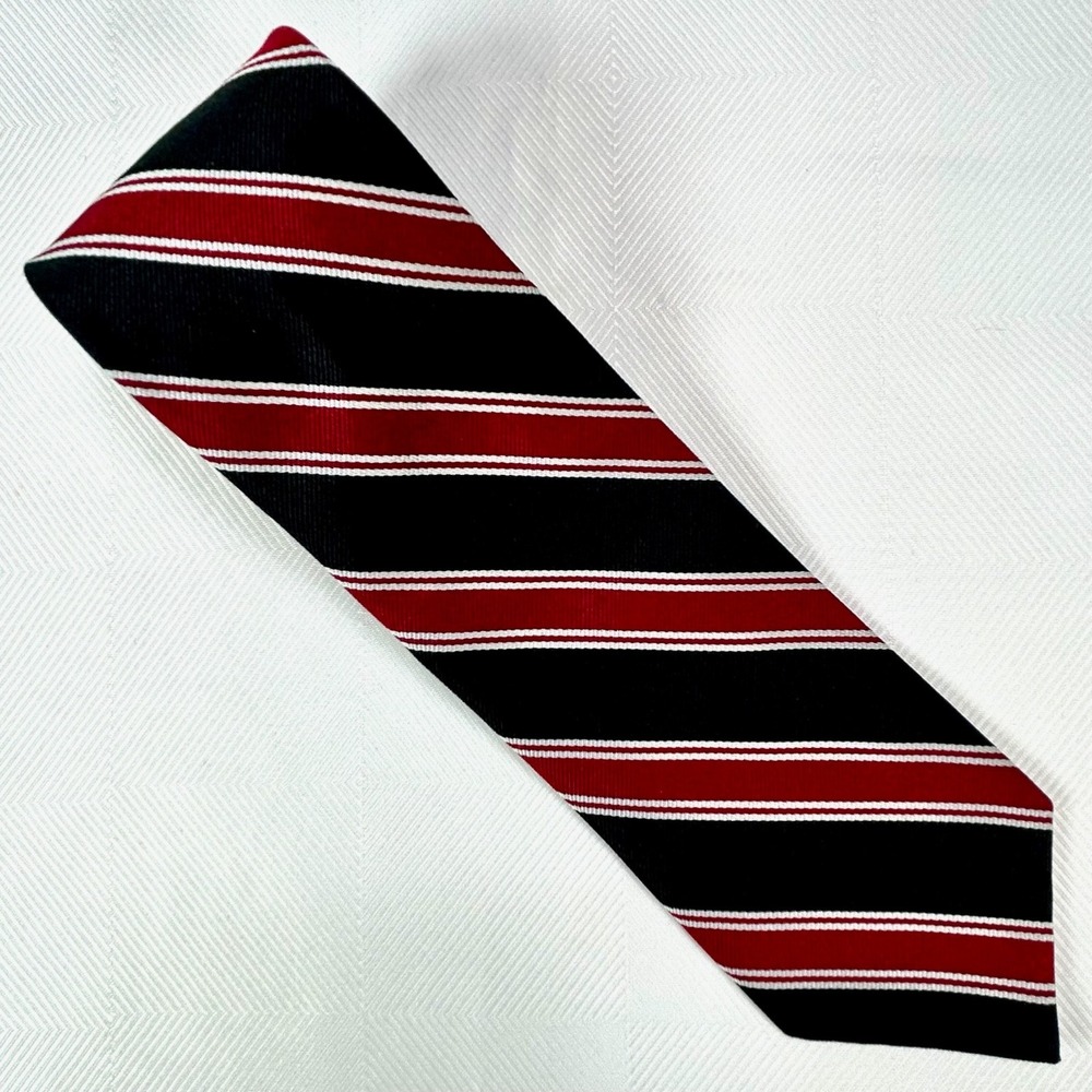 VTG Brooks Brothers Makers Red Black White Classic Stripe 100% Silk Tie